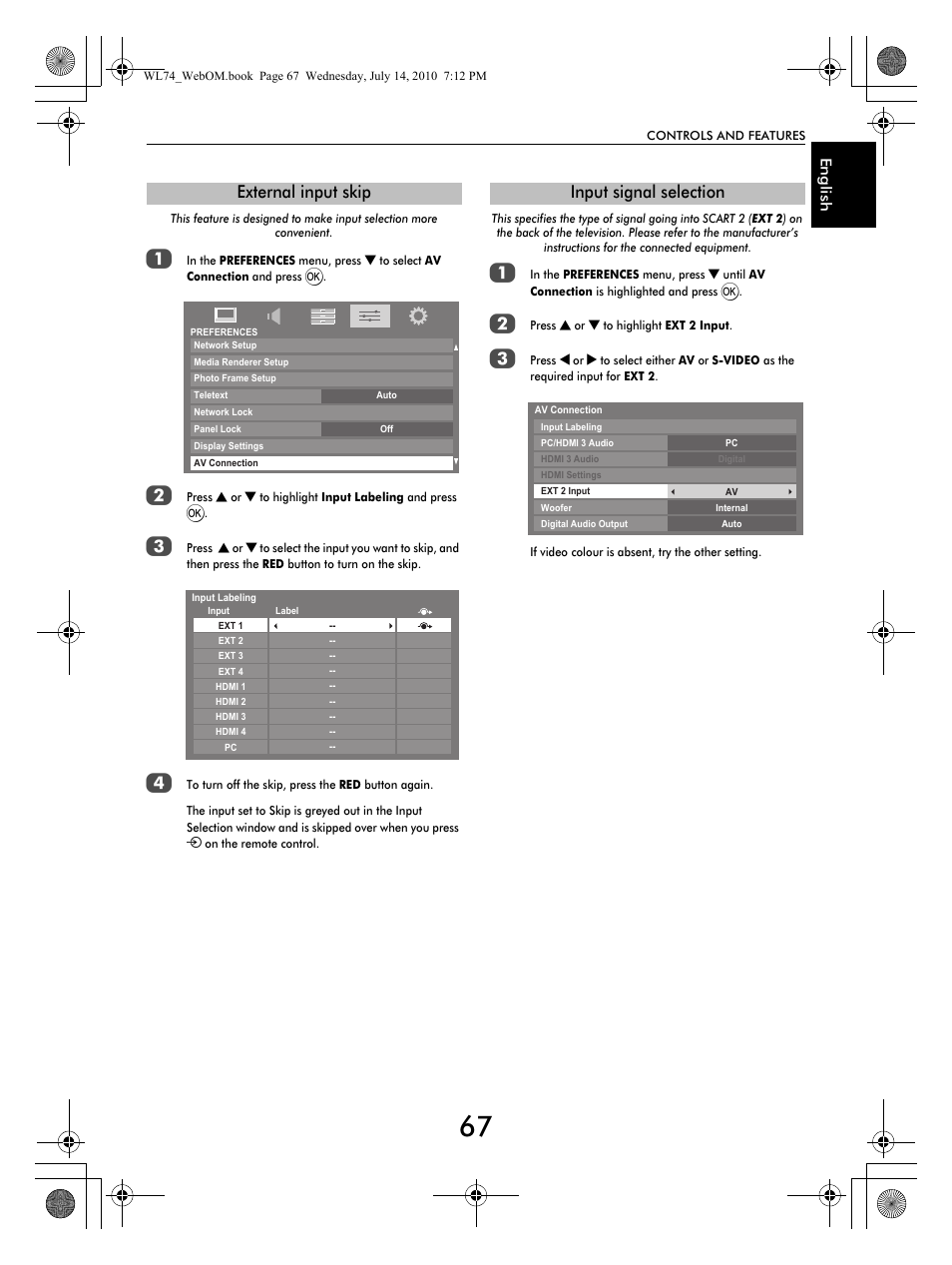 External input skip, Input signal selection | Toshiba TV743 User Manual | Page 67 / 84