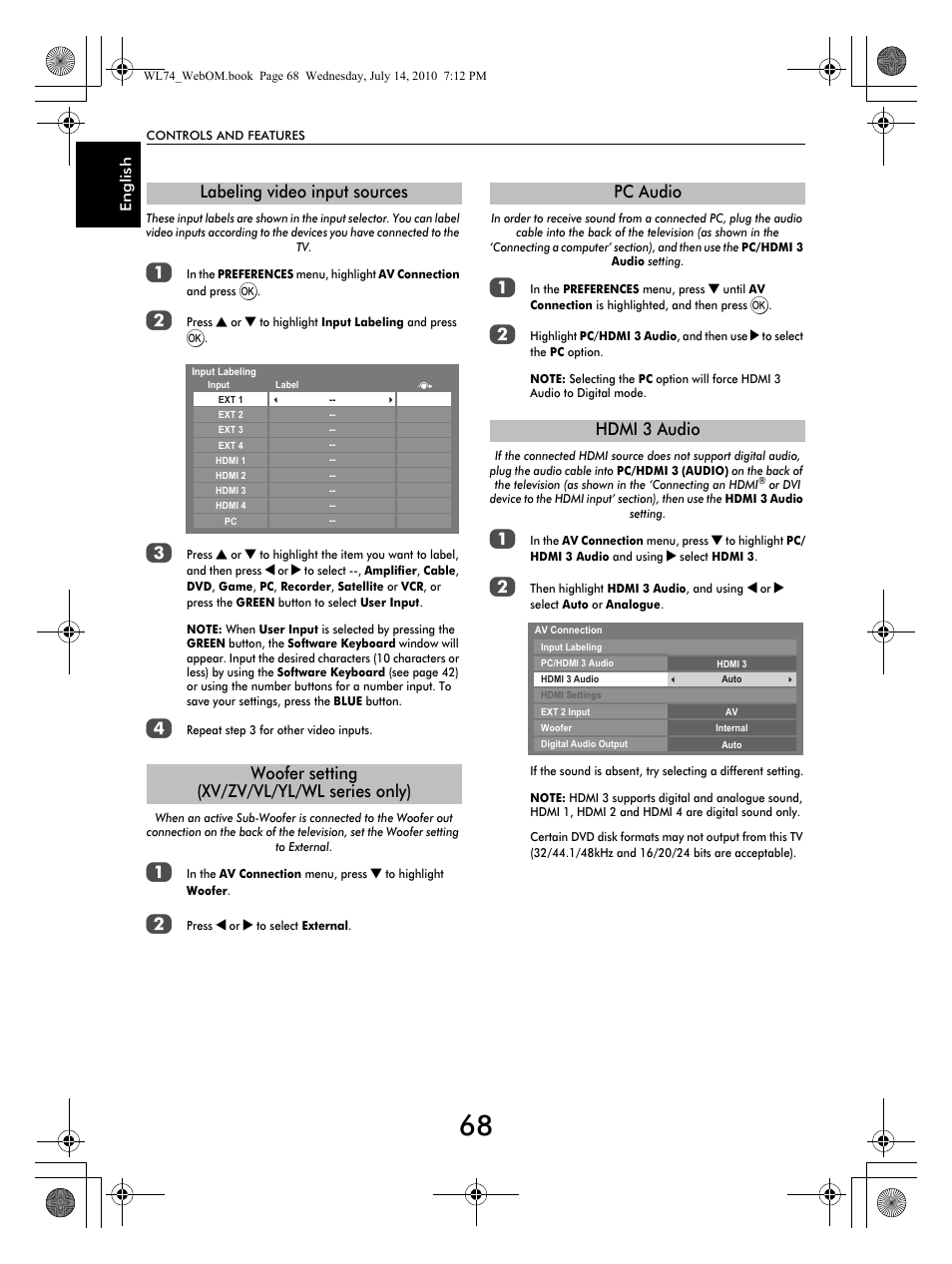 Pc audio hdmi 3 audio | Toshiba TV743 User Manual | Page 68 / 84