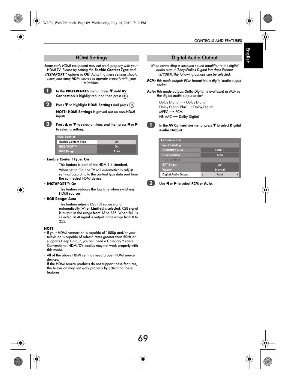 Hdmi settings, Digital audio output | Toshiba TV743 User Manual | Page 69 / 84