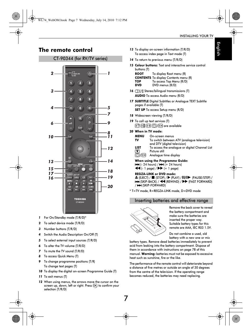 The remote control, Inserting batteries and effective range | Toshiba TV743 User Manual | Page 7 / 84