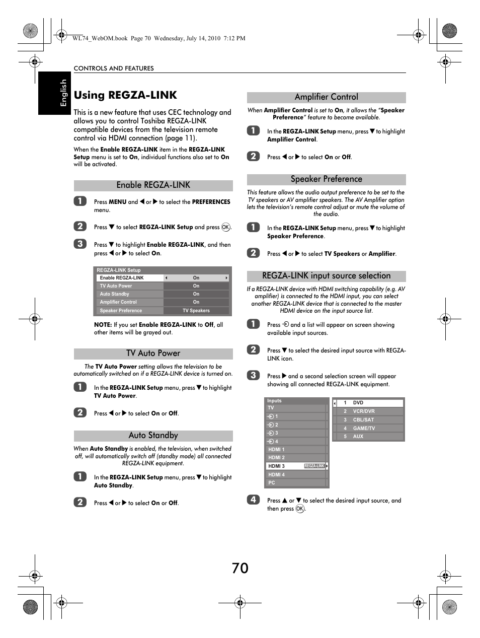 Using regza-link, Enable regza-link tv auto power auto standby | Toshiba TV743 User Manual | Page 70 / 84