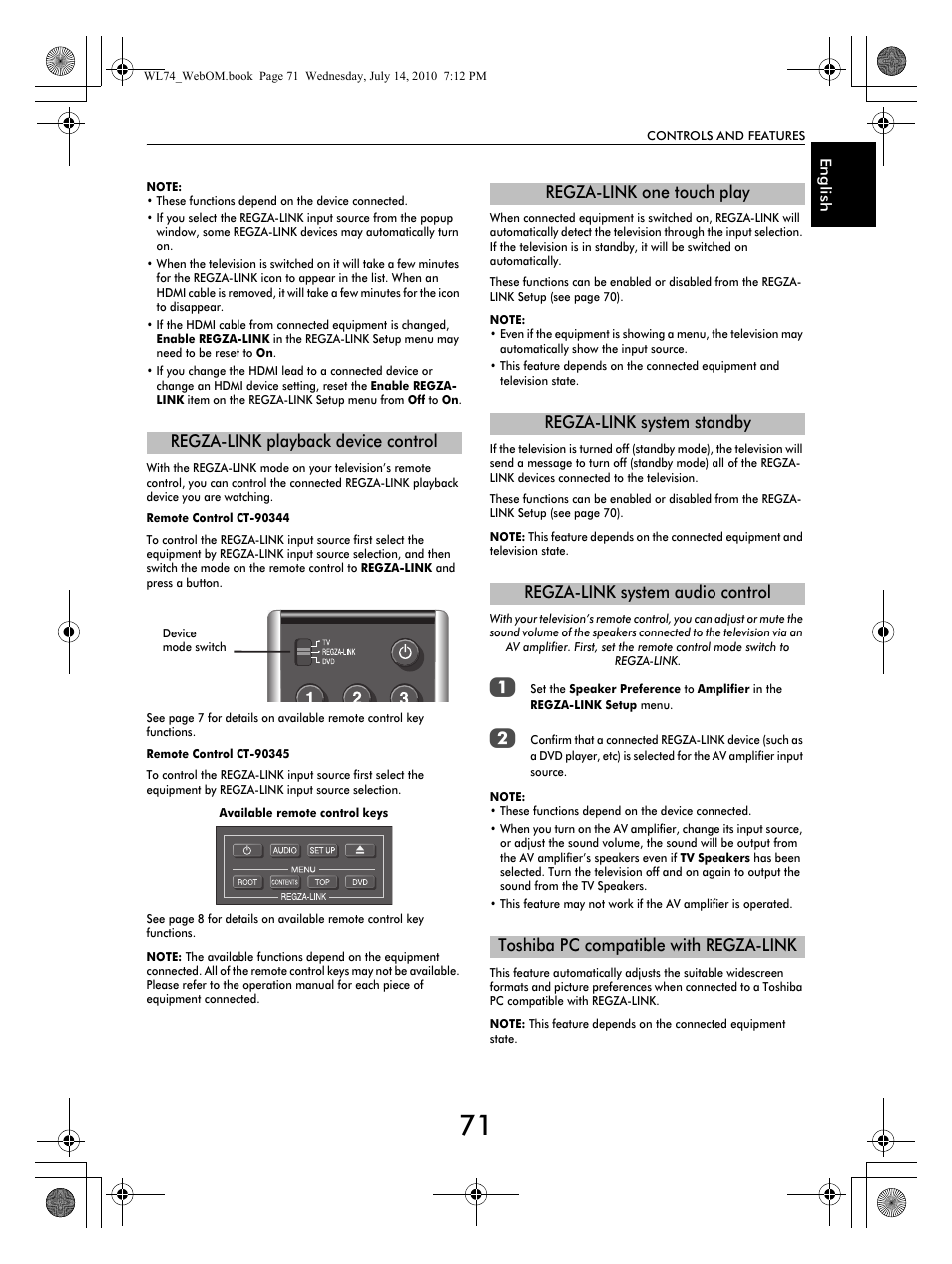 Regza-link playback device control | Toshiba TV743 User Manual | Page 71 / 84