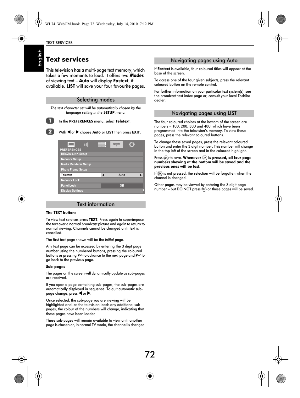 Text services, Selecting modes text information | Toshiba TV743 User Manual | Page 72 / 84