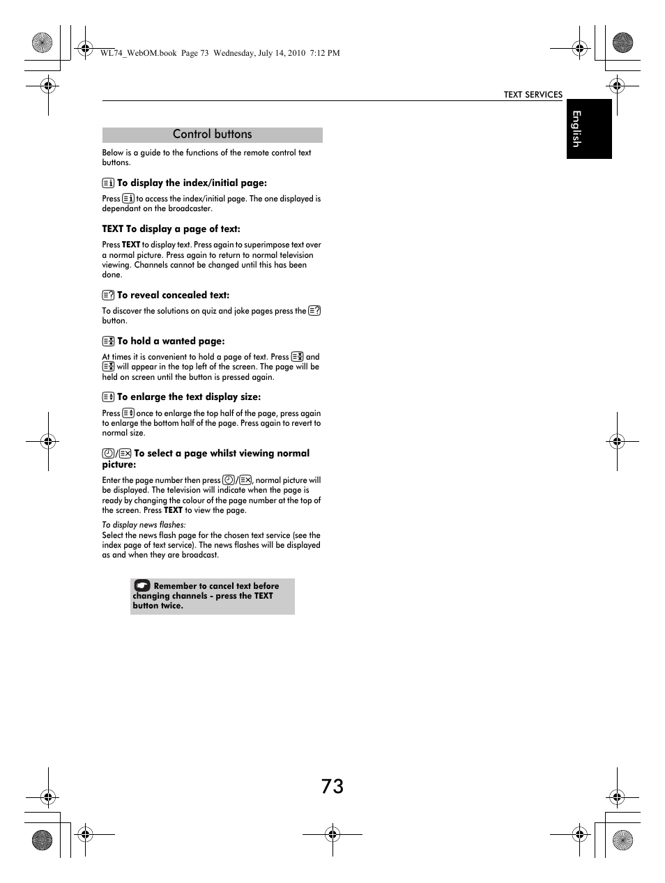 Control buttons | Toshiba TV743 User Manual | Page 73 / 84