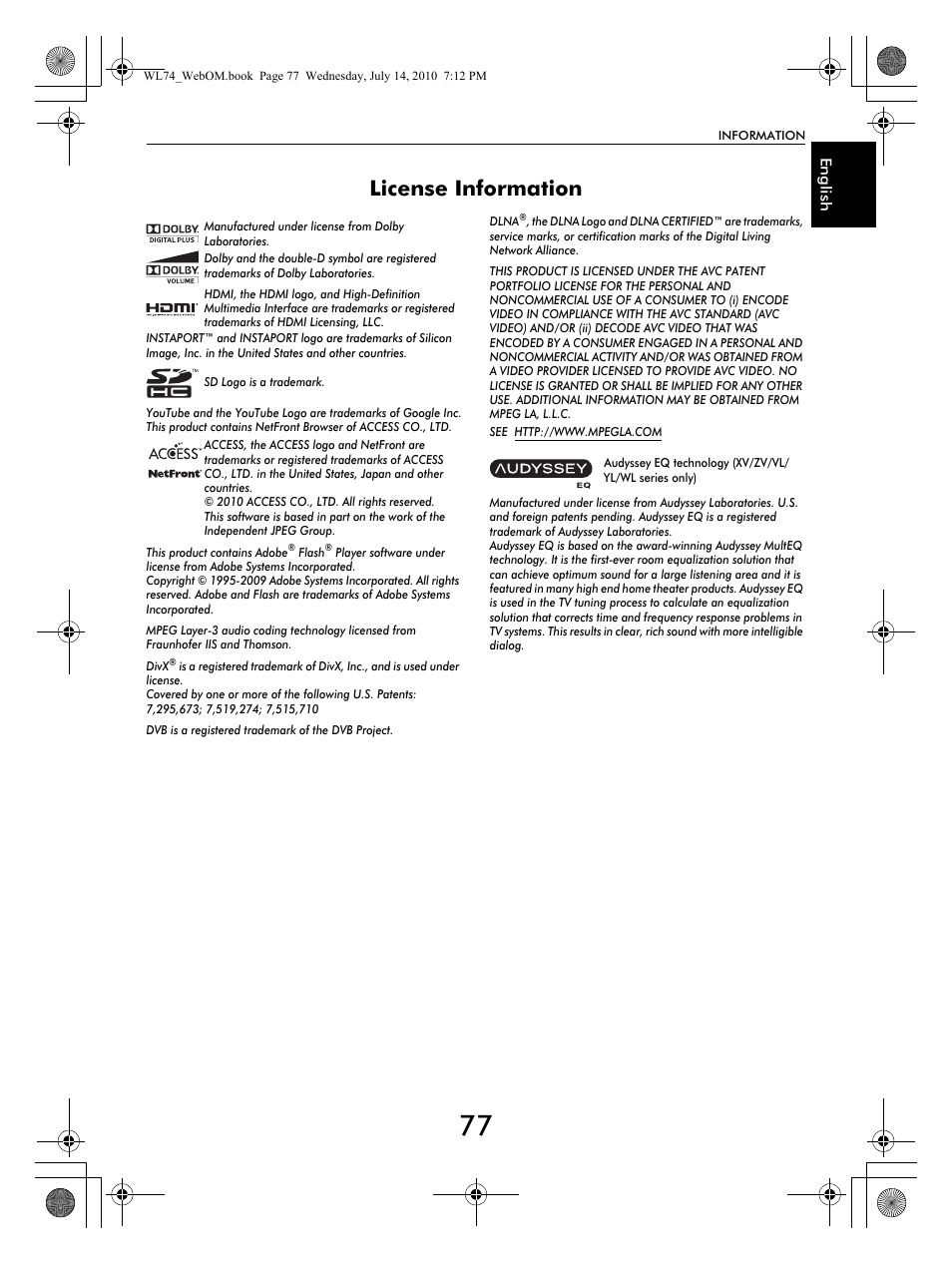 License information | Toshiba TV743 User Manual | Page 77 / 84