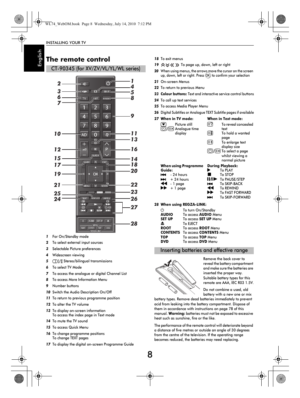 The remote control, Inserting batteries and effective range | Toshiba TV743 User Manual | Page 8 / 84