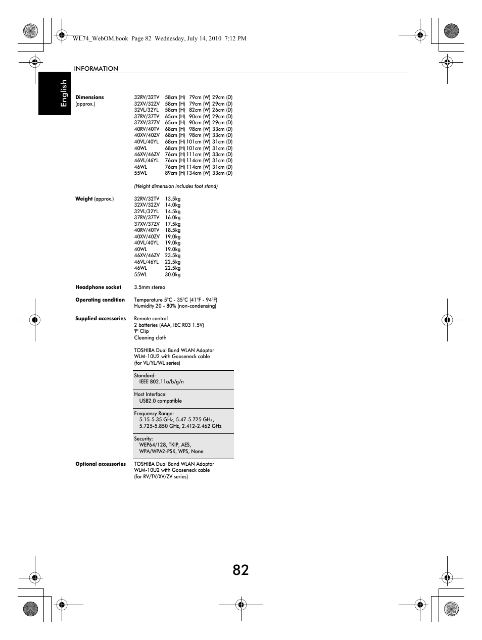 En glish | Toshiba TV743 User Manual | Page 82 / 84