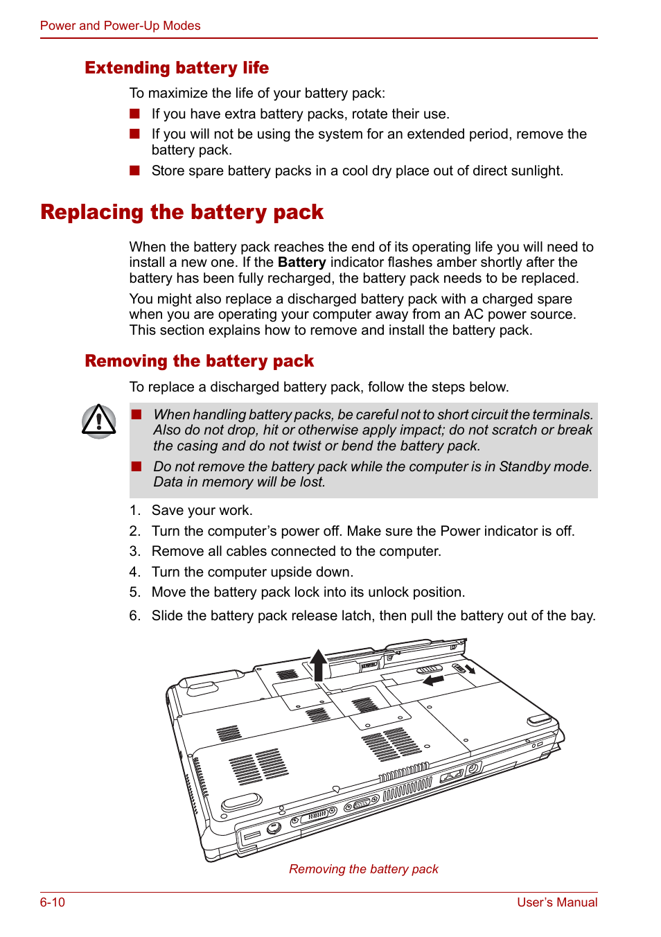 Replacing the battery pack, Replacing the battery pack -10, Extending battery life | Removing the battery pack | Toshiba Satellite Pro P100 (PSPAE) User Manual | Page 102 / 172