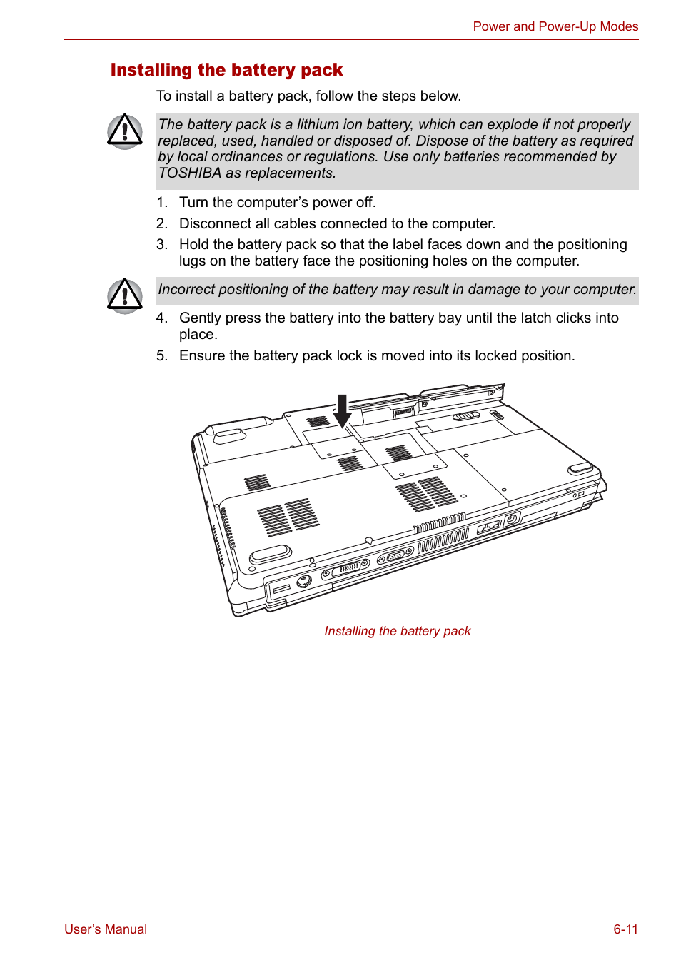 Installing the battery pack | Toshiba Satellite Pro P100 (PSPAE) User Manual | Page 103 / 172