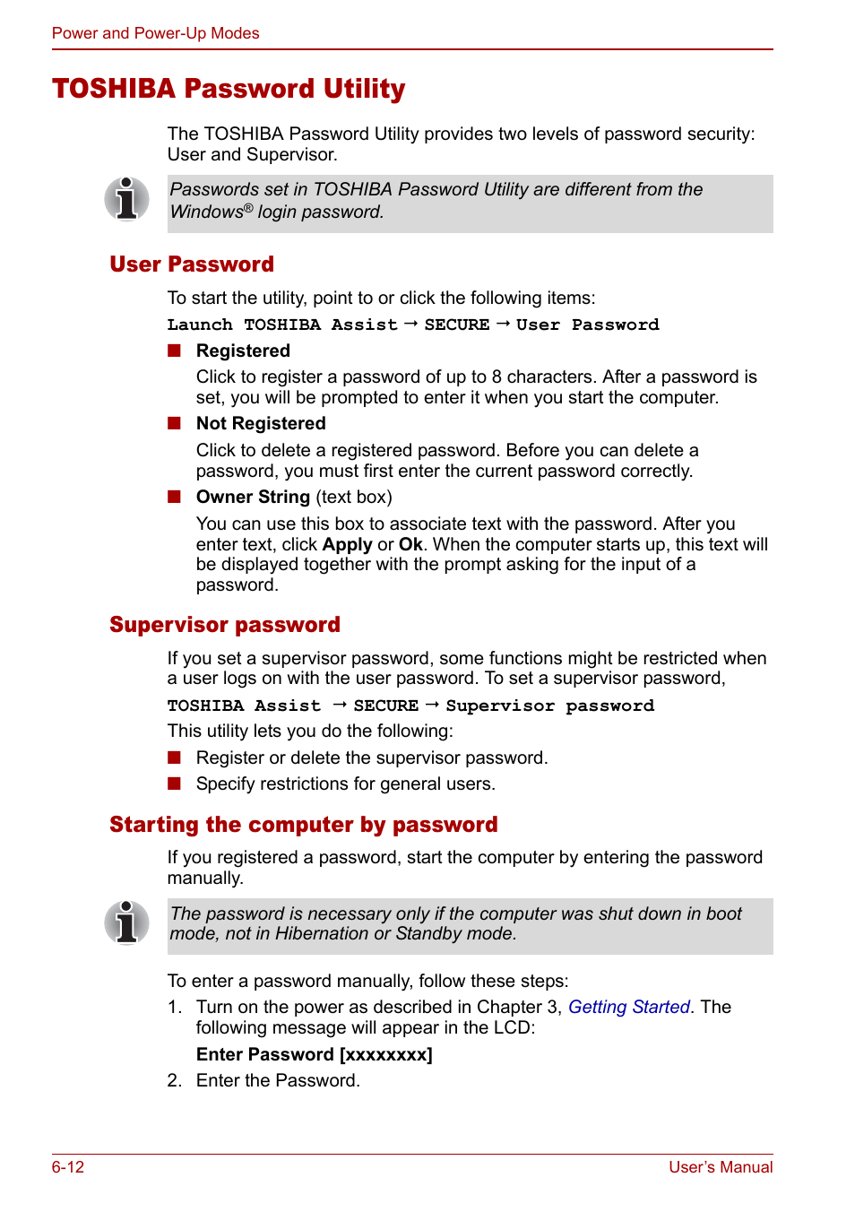 Toshiba password utility, Toshiba password utility -12, User password | Supervisor password, Starting the computer by password | Toshiba Satellite Pro P100 (PSPAE) User Manual | Page 104 / 172