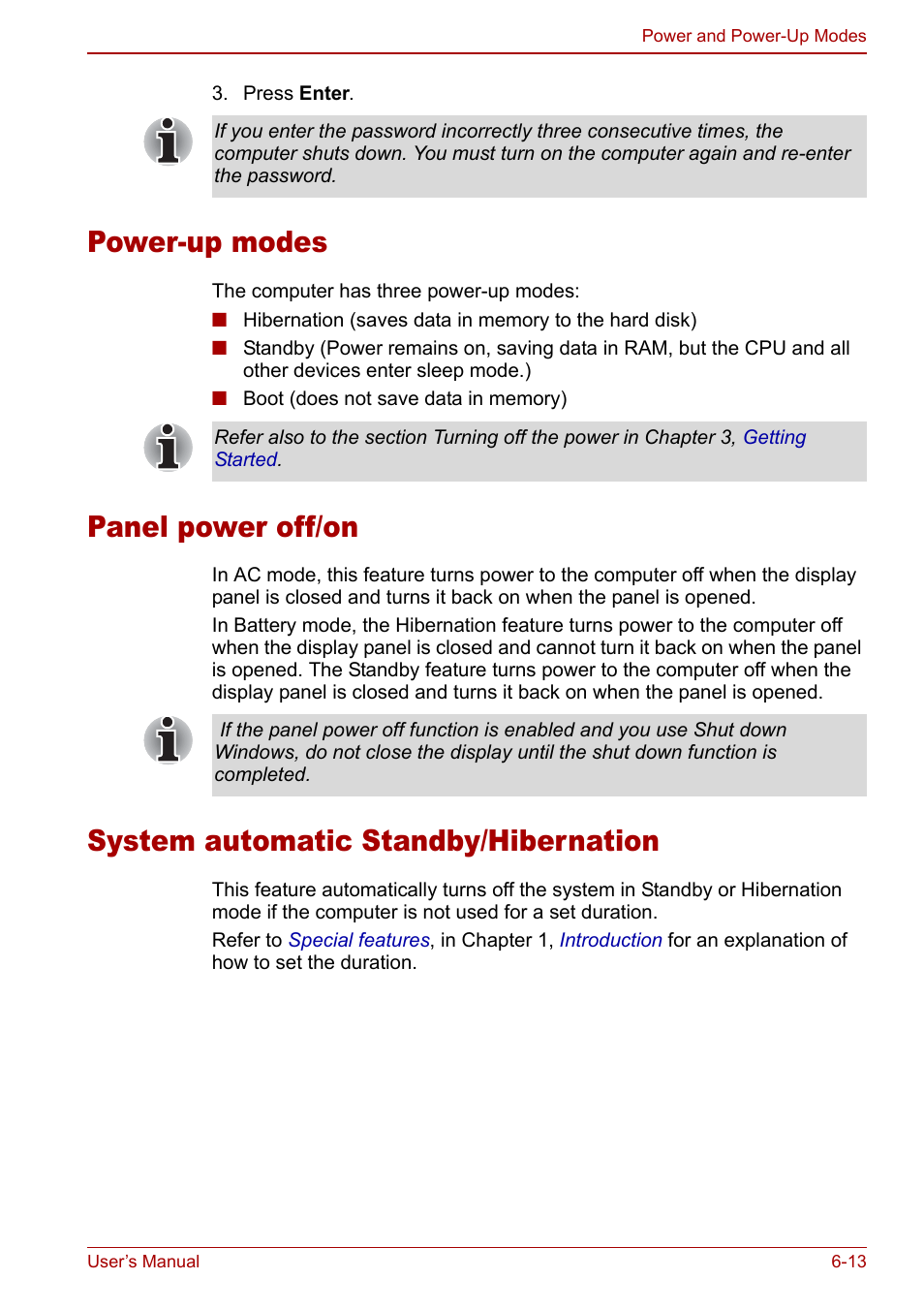 Power-up modes, Panel power off/on, System automatic standby/hibernation | Toshiba Satellite Pro P100 (PSPAE) User Manual | Page 105 / 172