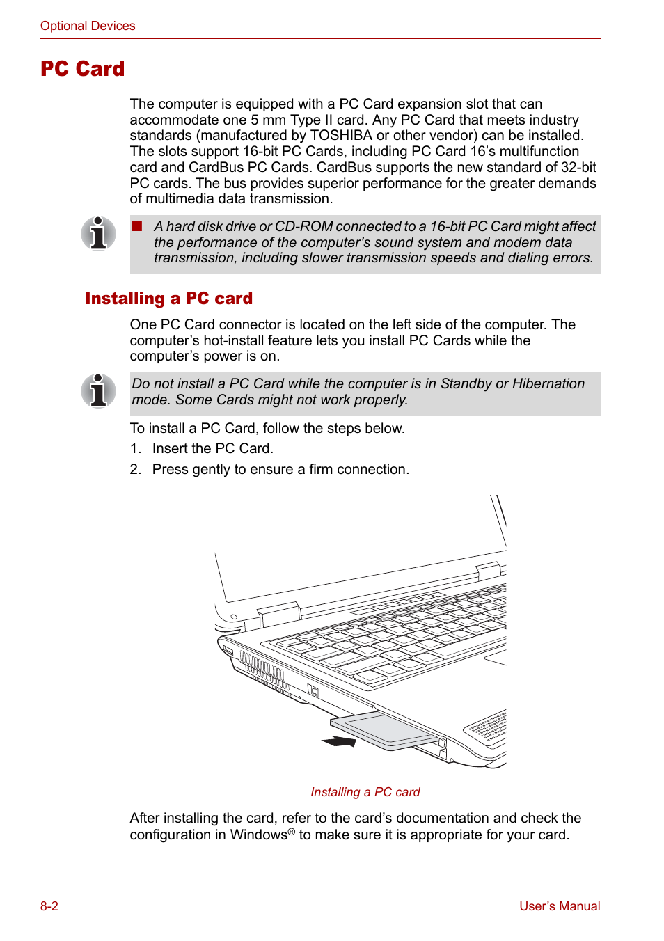 Pc card, Pc card -2, Installing a pc card | Toshiba Satellite Pro P100 (PSPAE) User Manual | Page 112 / 172