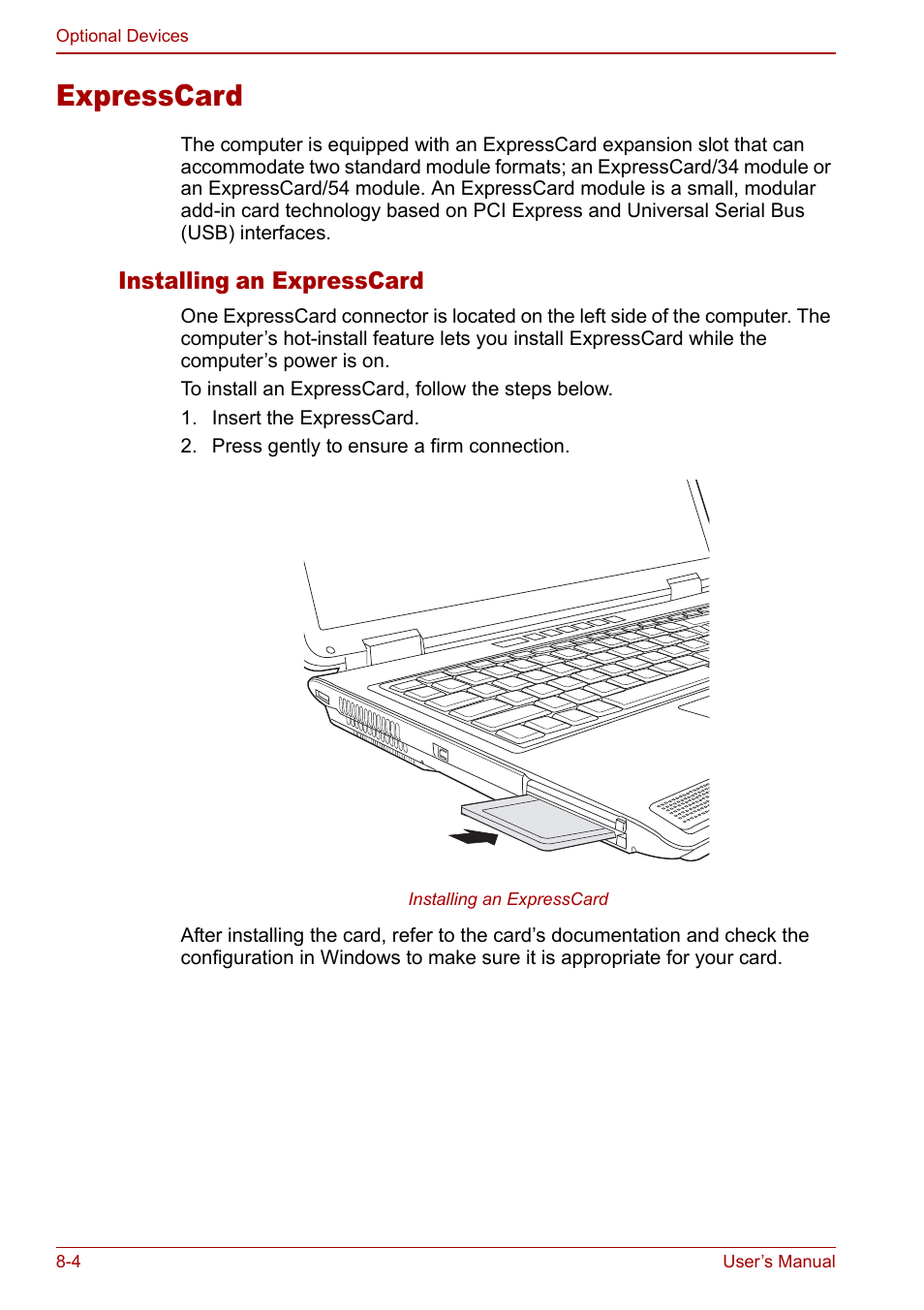 Expresscard, Expresscard -4, Installing an expresscard | Toshiba Satellite Pro P100 (PSPAE) User Manual | Page 114 / 172