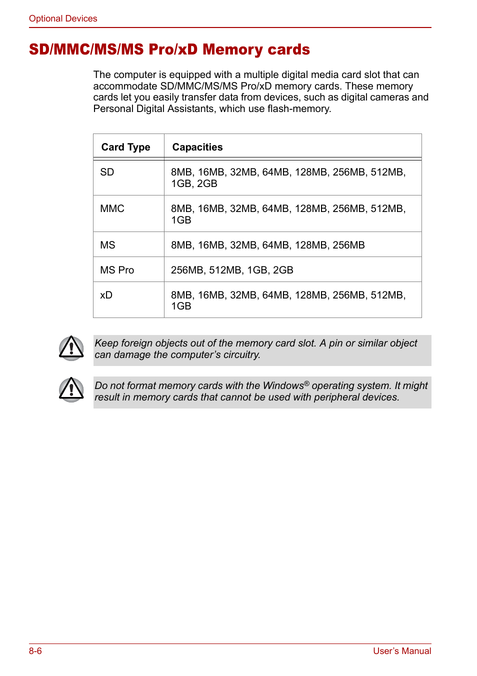 Sd/mmc/ms/ms pro/xd memory cards, Sd/mmc/ms/ms pro/xd memory cards -6 | Toshiba Satellite Pro P100 (PSPAE) User Manual | Page 116 / 172