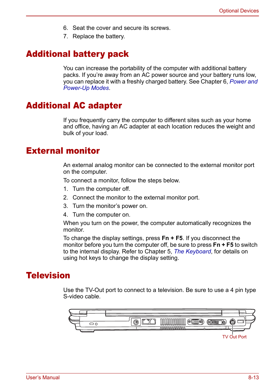 Additional battery pack, Additional ac adapter, External monitor | Television | Toshiba Satellite Pro P100 (PSPAE) User Manual | Page 123 / 172