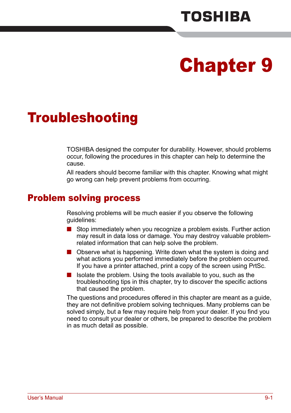 Chapter 9 - troubleshooting, Problem solving process, Chapter 9 | Troubleshooting, Problem solving process -1 | Toshiba Satellite Pro P100 (PSPAE) User Manual | Page 127 / 172