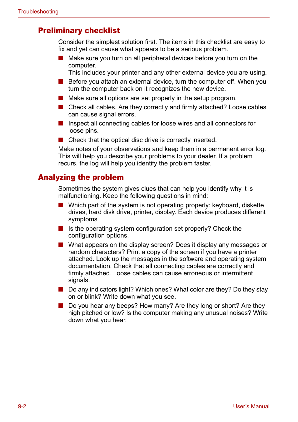 Preliminary checklist, Analyzing the problem | Toshiba Satellite Pro P100 (PSPAE) User Manual | Page 128 / 172