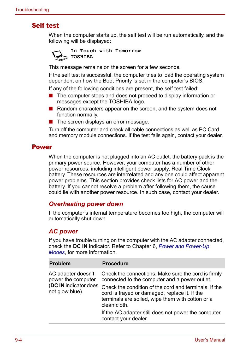 Self test, Power | Toshiba Satellite Pro P100 (PSPAE) User Manual | Page 130 / 172