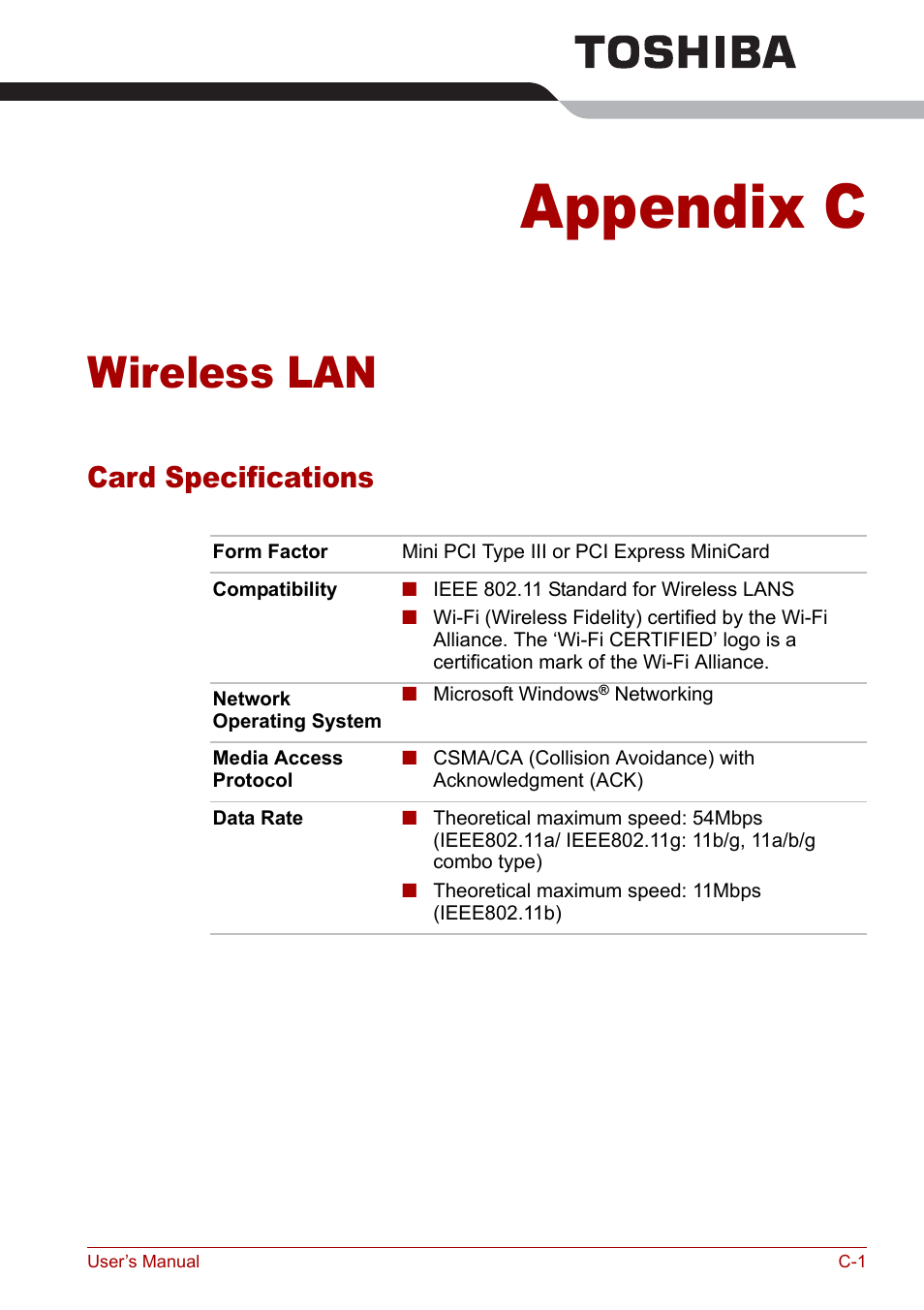 Appendix c - wireless lan, Appendix c, Wireless lan | Card specifications | Toshiba Satellite Pro P100 (PSPAE) User Manual | Page 151 / 172