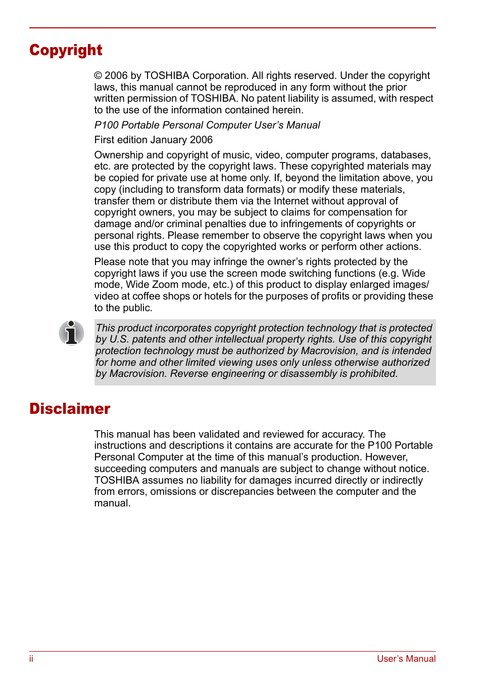 Copyright, Disclaimer | Toshiba Satellite Pro P100 (PSPAE) User Manual | Page 2 / 172