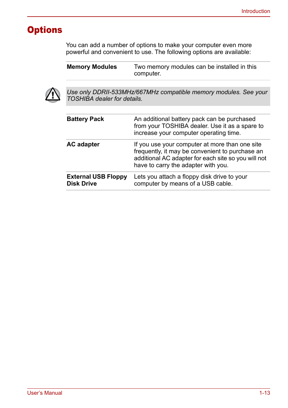 Options, Options -13 | Toshiba Satellite Pro P100 (PSPAE) User Manual | Page 35 / 172