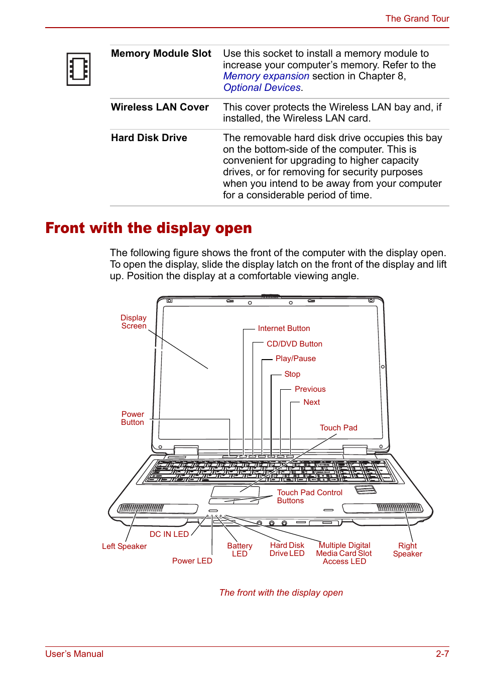 Front with the display open, Front with the display open -7 | Toshiba Satellite Pro P100 (PSPAE) User Manual | Page 43 / 172