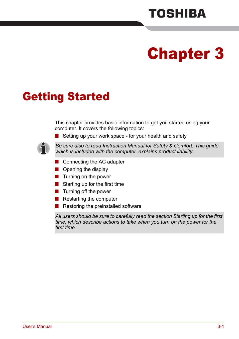 Chapter 3 - getting started, Chapter 3, Getting started | For det | Toshiba Satellite Pro P100 (PSPAE) User Manual | Page 51 / 172