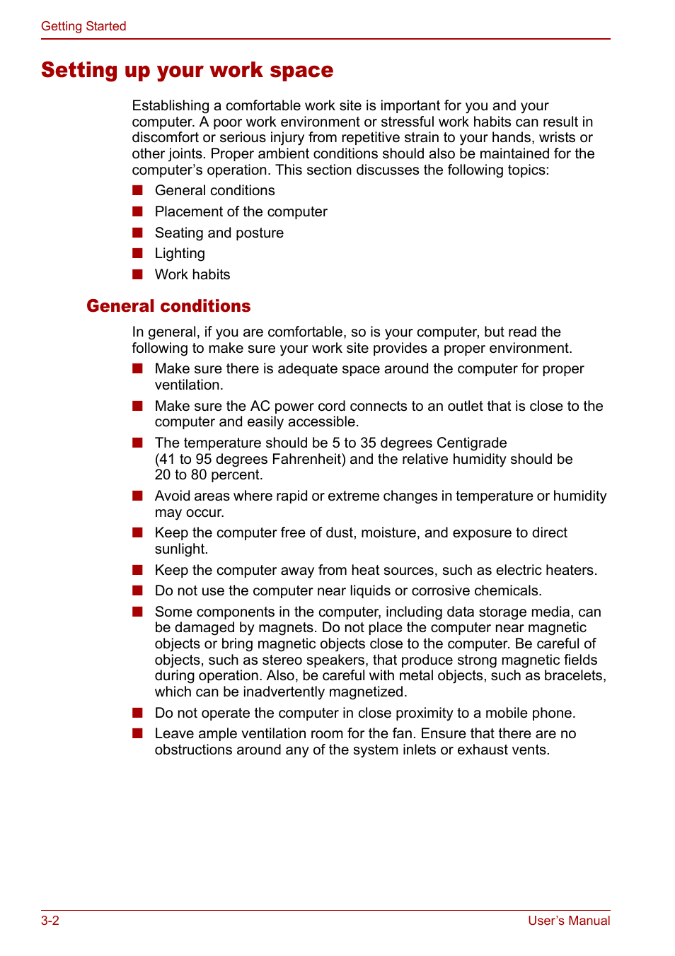 Setting up your work space, Setting up your work space -2, General conditions | Toshiba Satellite Pro P100 (PSPAE) User Manual | Page 52 / 172