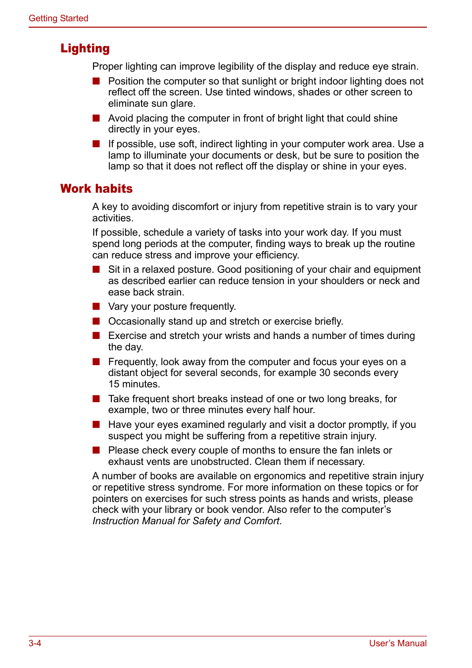 Lighting, Work habits | Toshiba Satellite Pro P100 (PSPAE) User Manual | Page 54 / 172