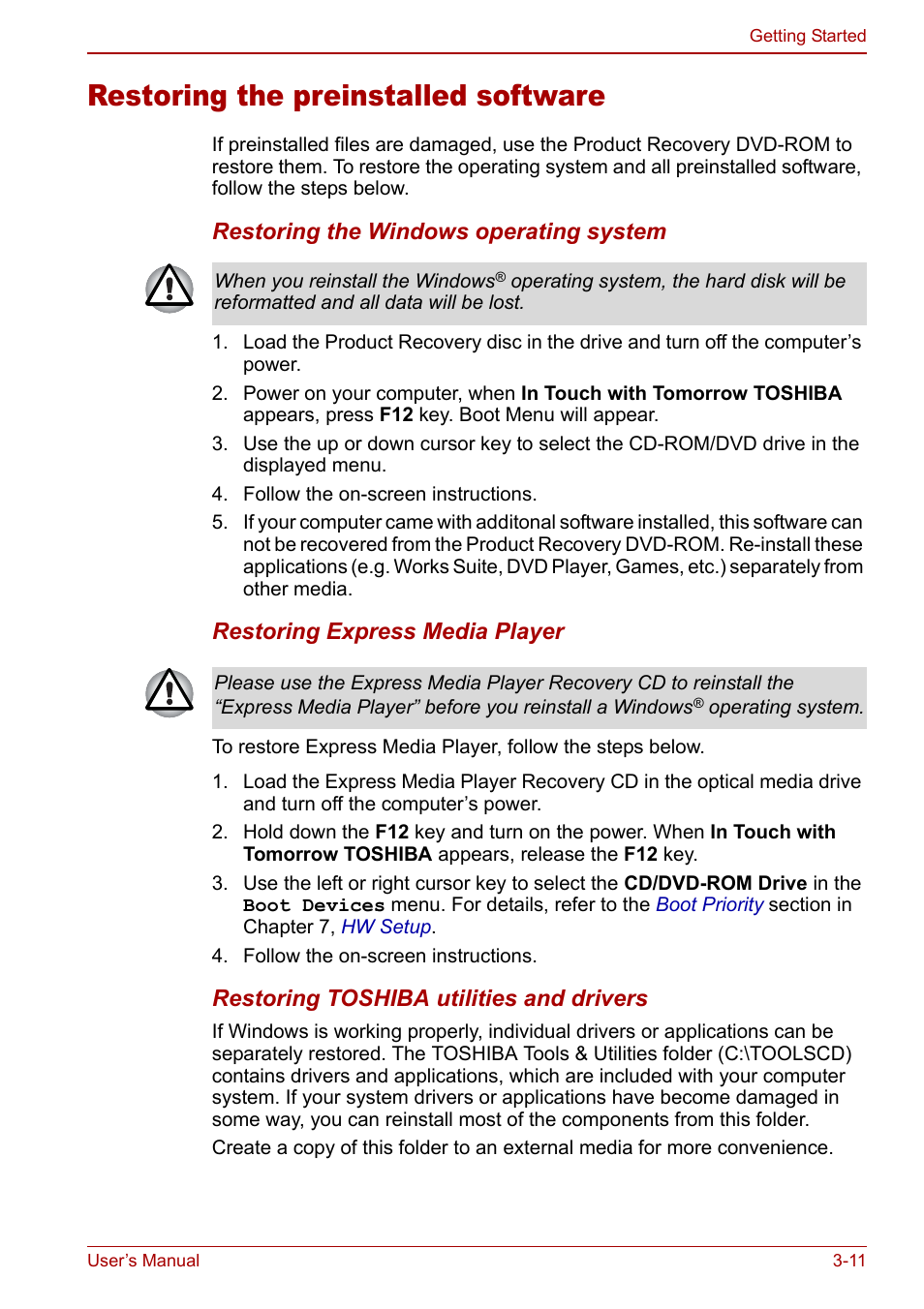 Restoring the preinstalled software, Restoring the preinstalled software -11 | Toshiba Satellite Pro P100 (PSPAE) User Manual | Page 61 / 172