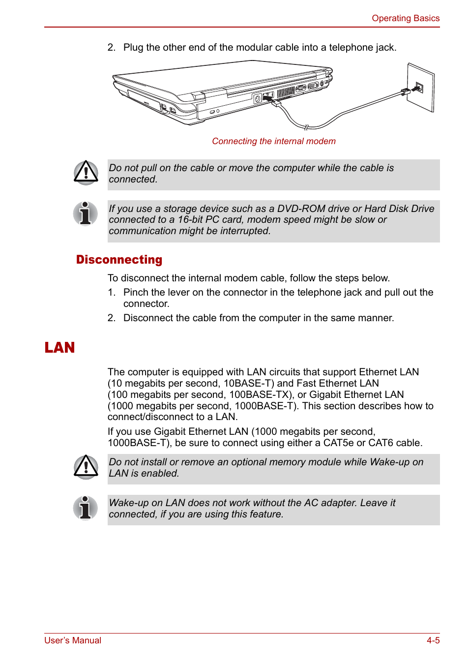 Lan -5, Disconnecting | Toshiba Satellite Pro P100 (PSPAE) User Manual | Page 67 / 172