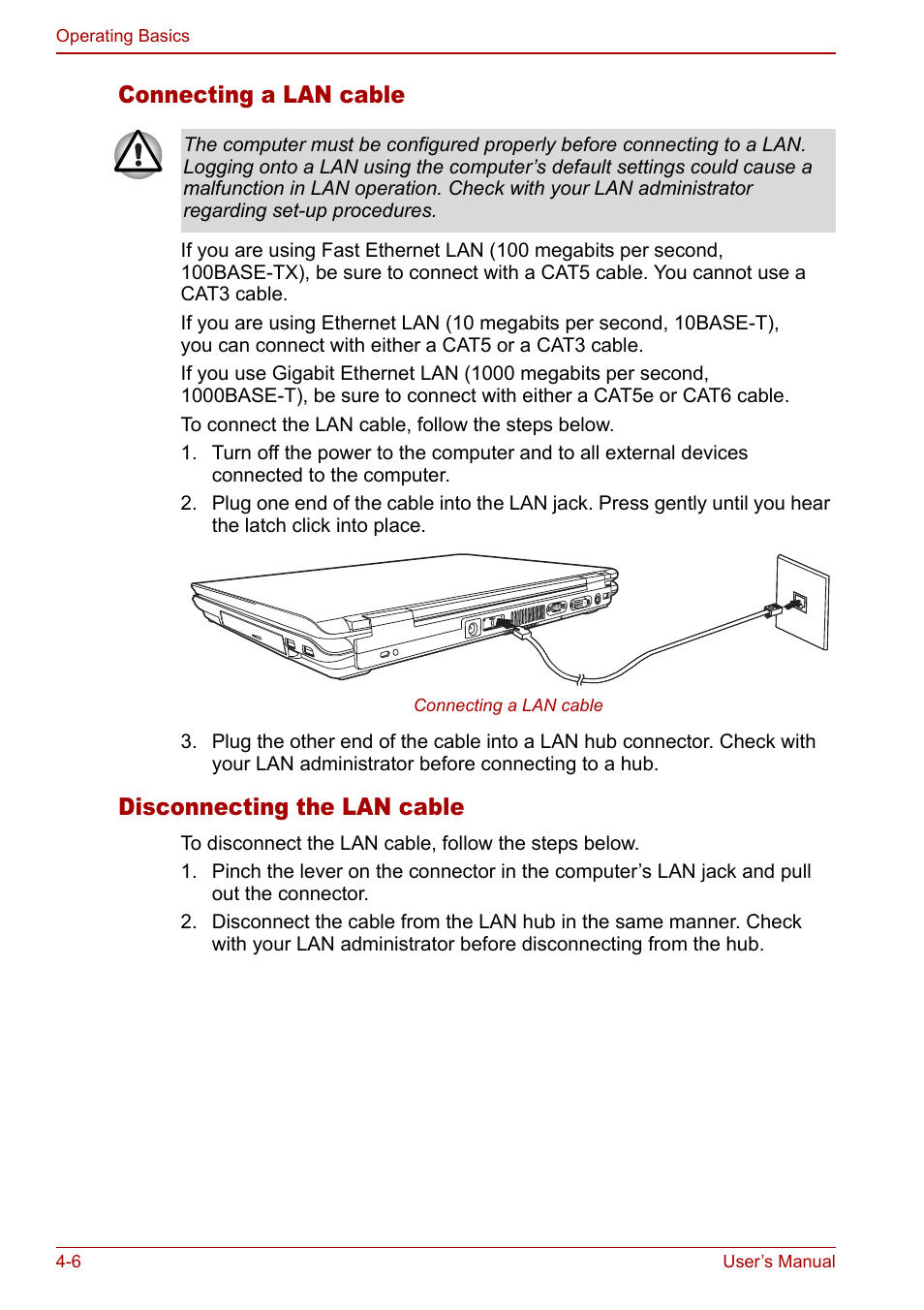 Connecting a lan cable, Disconnecting the lan cable | Toshiba Satellite Pro P100 (PSPAE) User Manual | Page 68 / 172