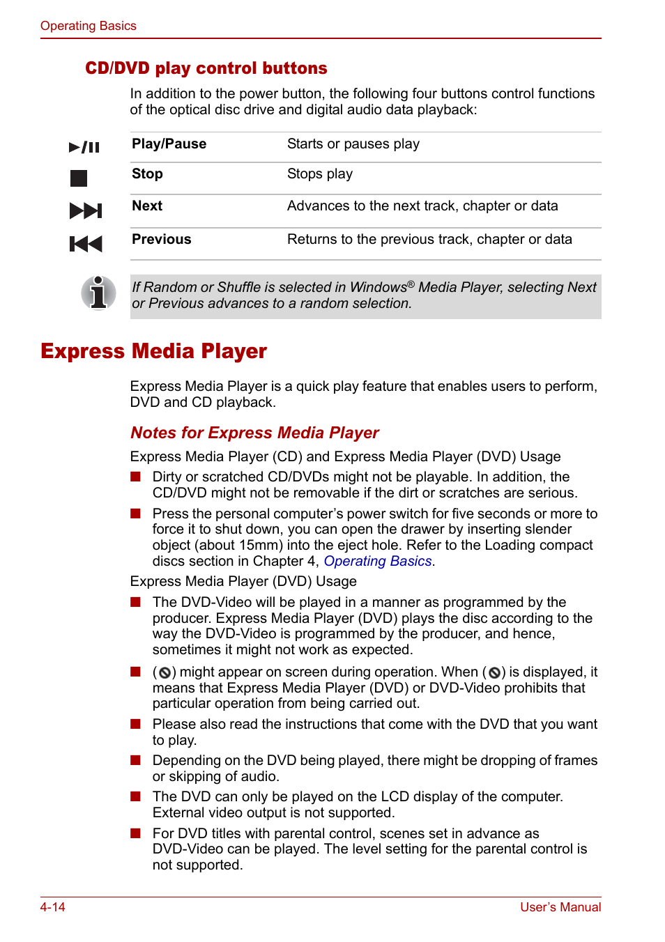 Express media player, Express media player -14, Cd/dvd play control buttons | Toshiba Satellite Pro P100 (PSPAE) User Manual | Page 76 / 172