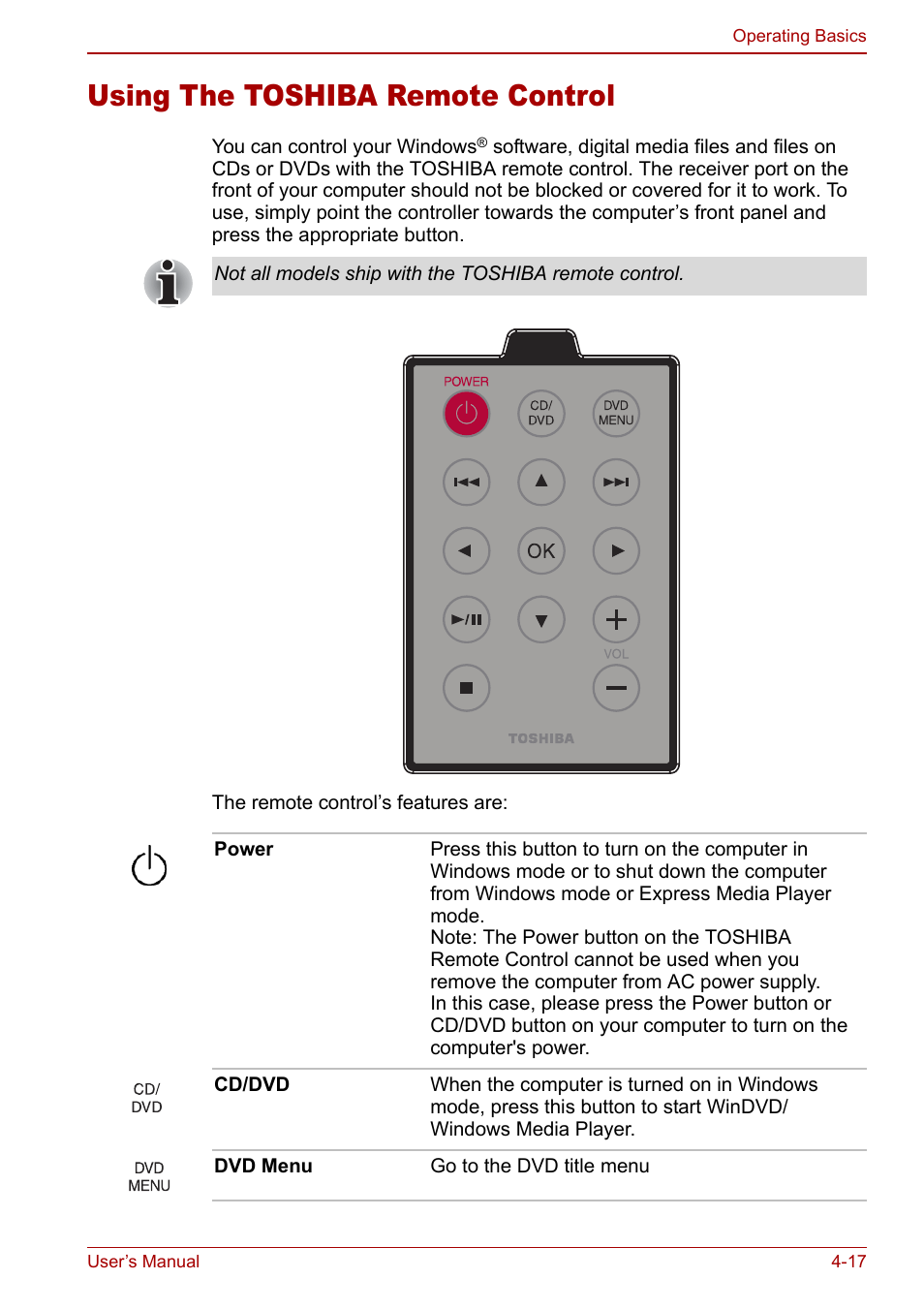 Using the toshiba remote control, Using the toshiba remote control -17 | Toshiba Satellite Pro P100 (PSPAE) User Manual | Page 79 / 172