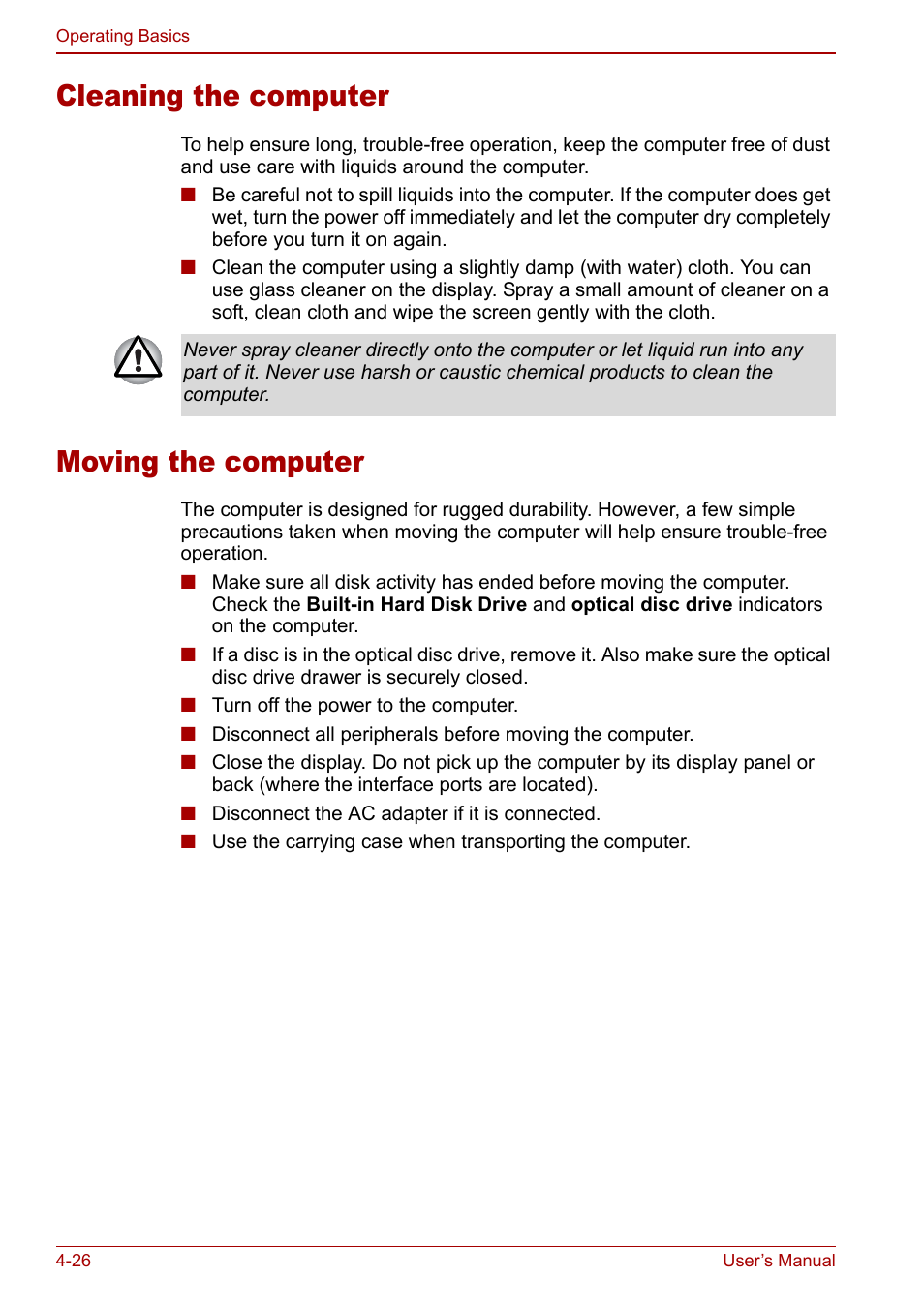 Cleaning the computer, Moving the computer, Cleaning the computer -26 moving the computer -26 | Toshiba Satellite Pro P100 (PSPAE) User Manual | Page 88 / 172