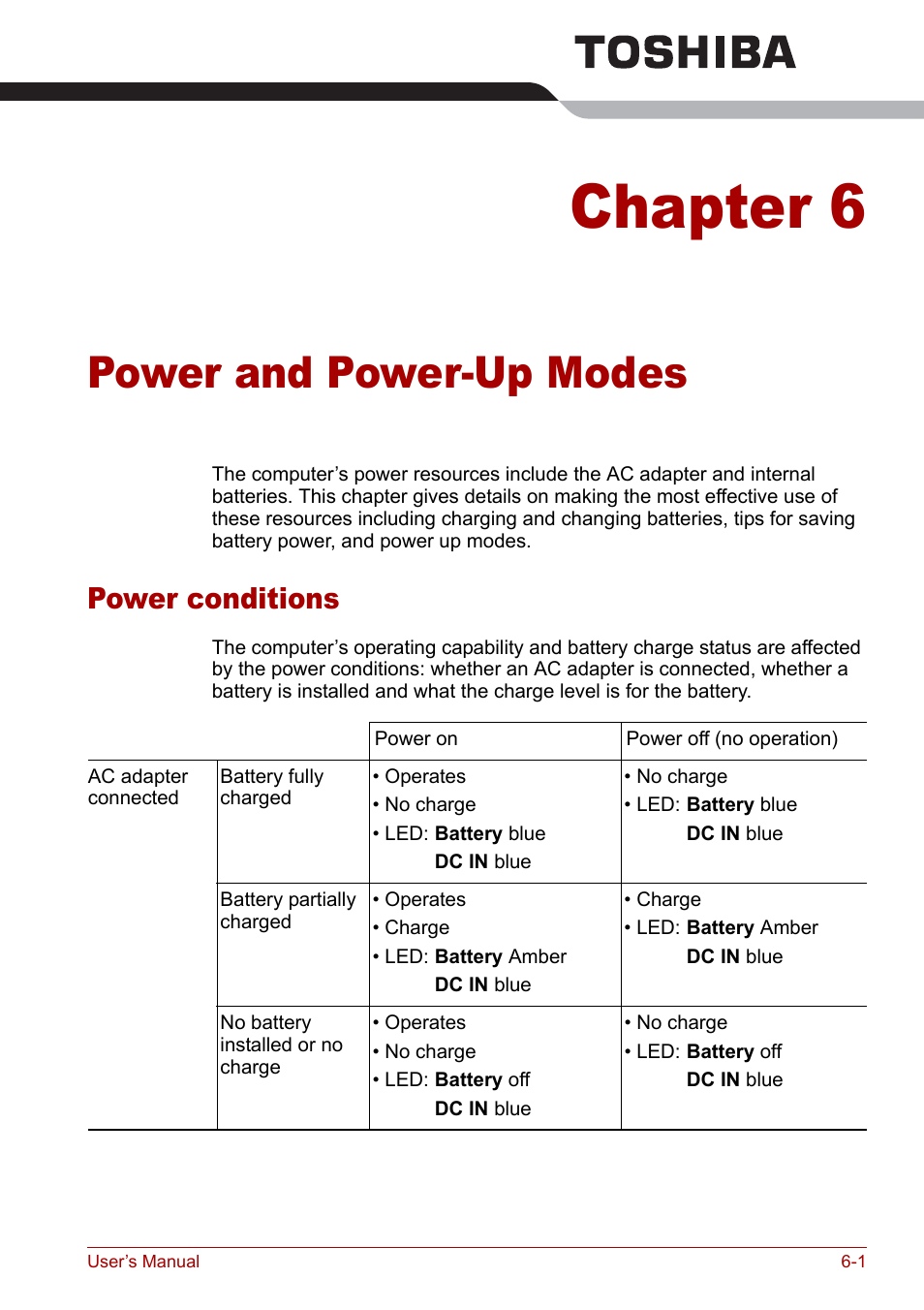 Chapter 6 - power and power-up modes, Power conditions, Chapter 6 | Power and power-up modes, Power conditions -1 | Toshiba Satellite Pro P100 (PSPAE) User Manual | Page 93 / 172