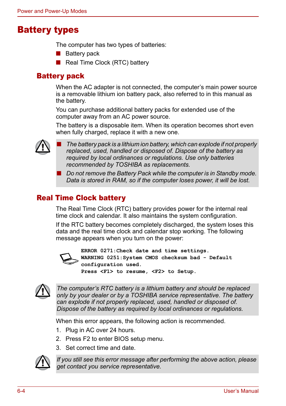 Battery types, Battery types -4, Battery pack | Real time clock battery | Toshiba Satellite Pro P100 (PSPAE) User Manual | Page 96 / 172