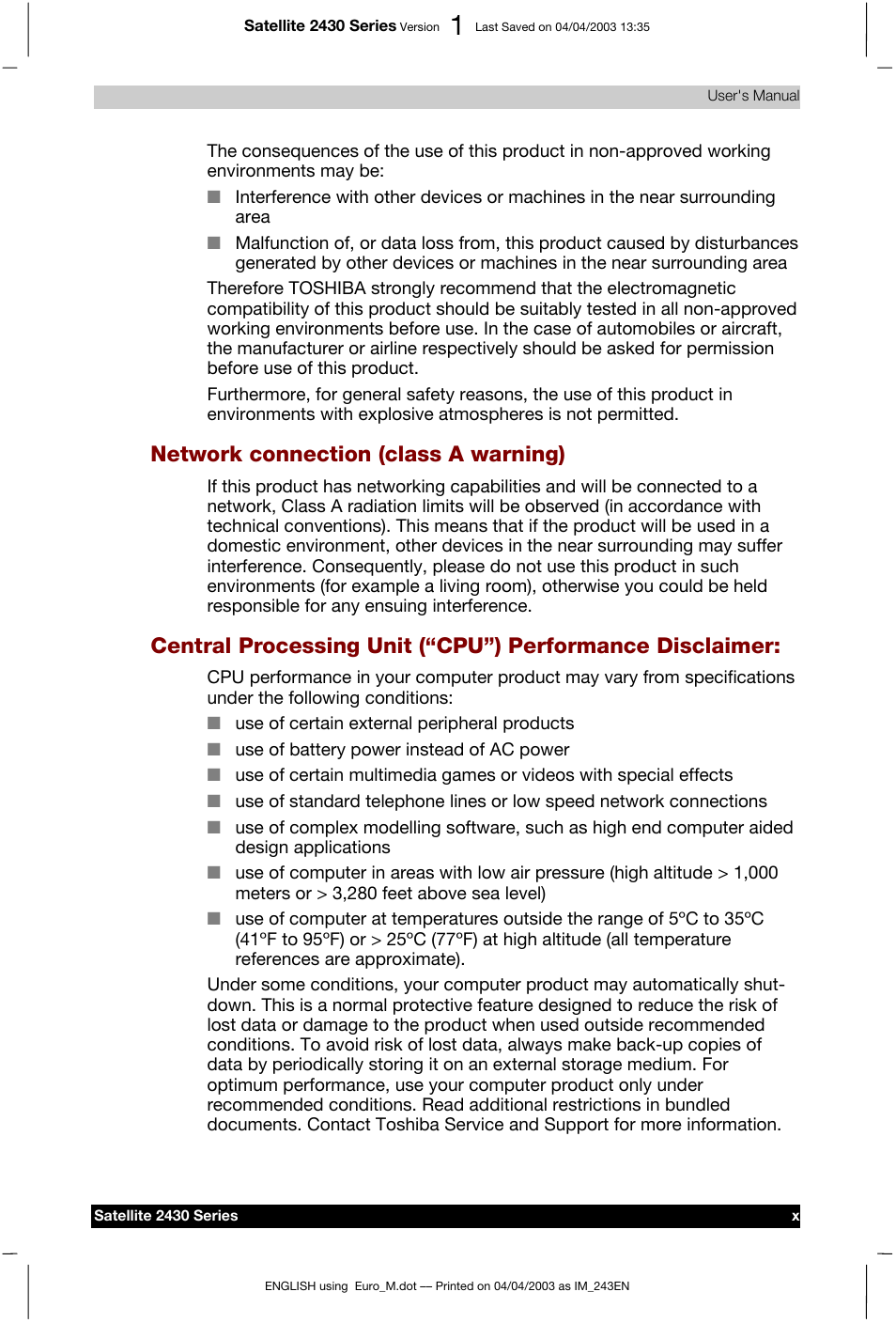 Network connection (class a warning) | Toshiba Satellite 2430-301 User Manual | Page 10 / 222