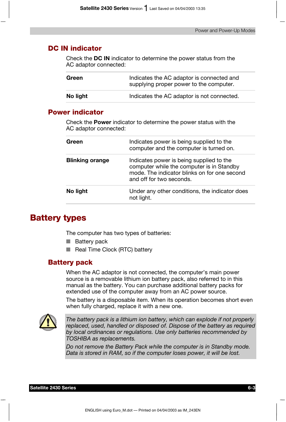 Battery types, Cator -3, Dc in indicator | Power indicator, Battery pack | Toshiba Satellite 2430-301 User Manual | Page 100 / 222