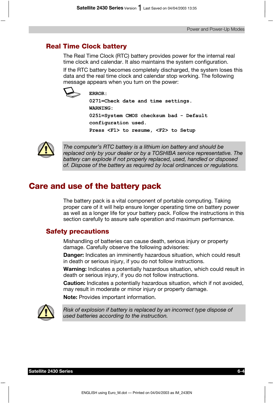 Care and use of the battery pack, Real time clock battery, Safety precautions | Toshiba Satellite 2430-301 User Manual | Page 101 / 222