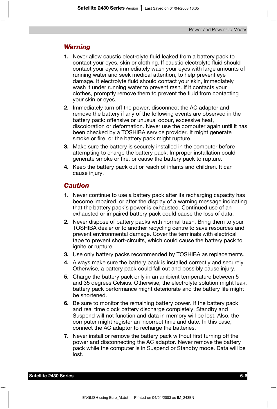 Warning, Caution | Toshiba Satellite 2430-301 User Manual | Page 103 / 222