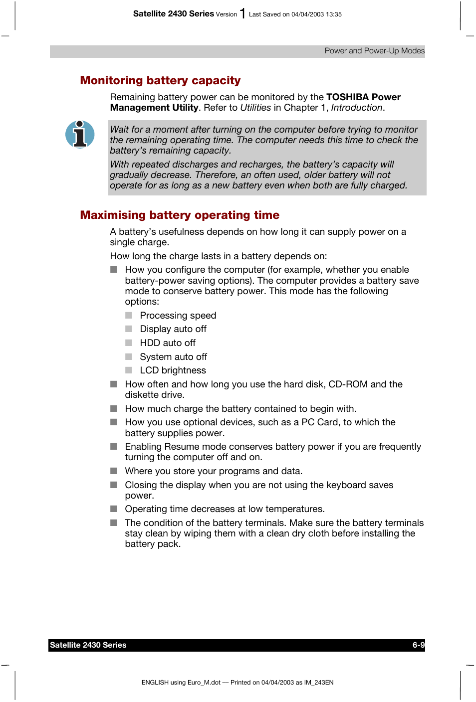 Monitoring battery capacity, Maximising battery operating time | Toshiba Satellite 2430-301 User Manual | Page 106 / 222