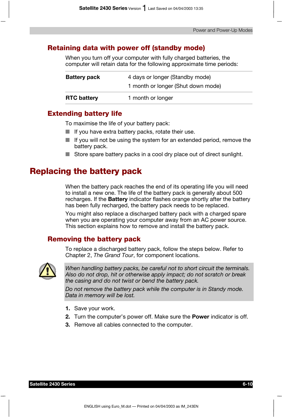 Replacing the battery pack, Retaining data with power off (standby mode), Extending battery life | Removing the battery pack | Toshiba Satellite 2430-301 User Manual | Page 107 / 222