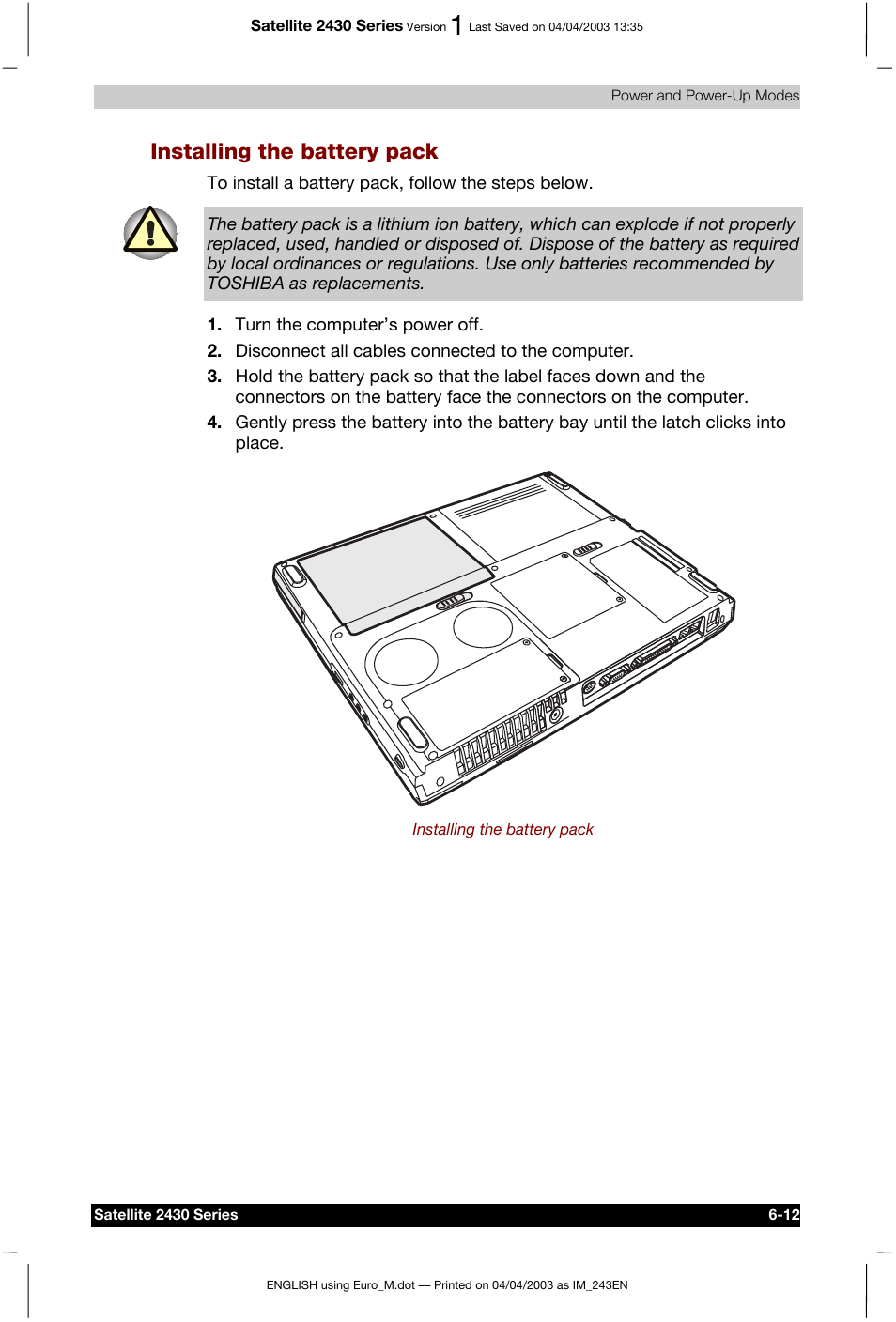 Installing the battery pack | Toshiba Satellite 2430-301 User Manual | Page 109 / 222