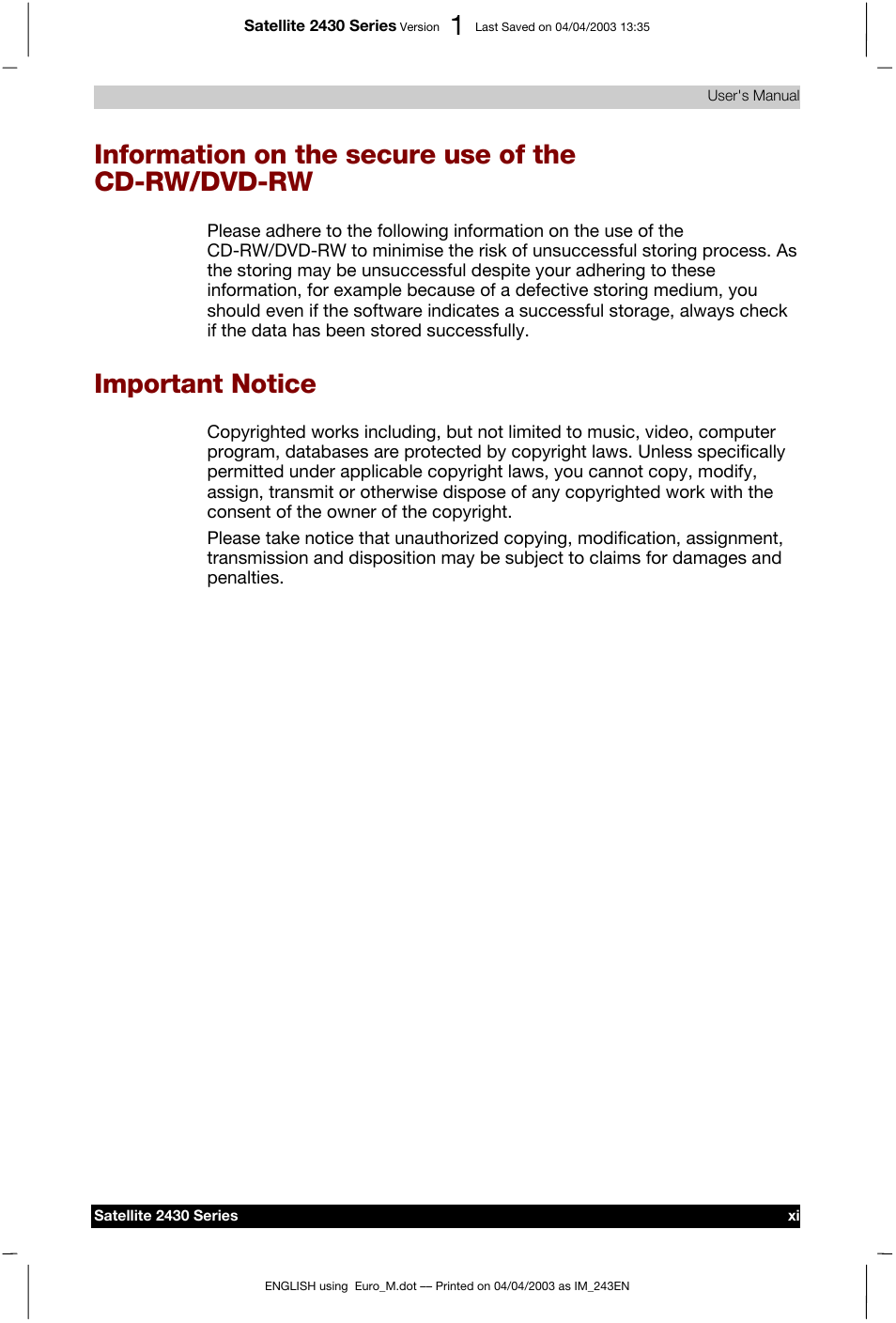 Information on the secure use of the cd-rw/dvd-rw, Important notice | Toshiba Satellite 2430-301 User Manual | Page 11 / 222