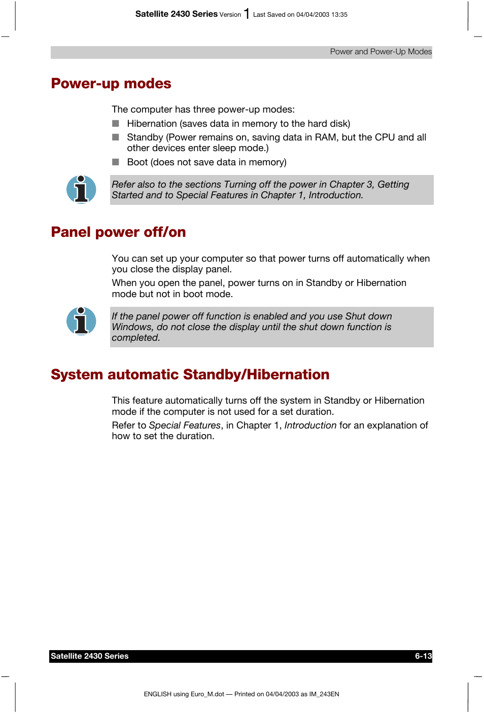 Power-up modes, Panel power off/on, System automatic standby/hibernation | Toshiba Satellite 2430-301 User Manual | Page 110 / 222