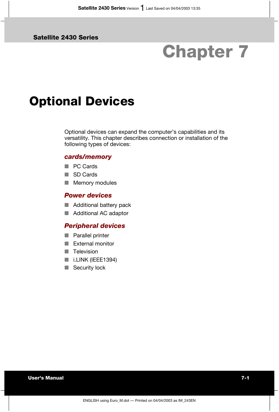 Chapter 7 optional devices, Chapter 7, Optional devices | Toshiba Satellite 2430-301 User Manual | Page 111 / 222