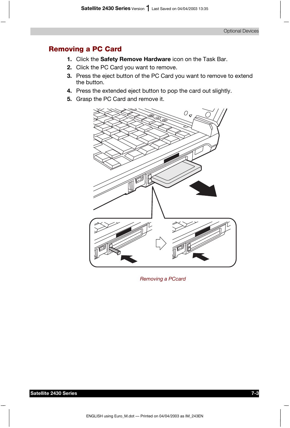 Removing a pc card | Toshiba Satellite 2430-301 User Manual | Page 113 / 222