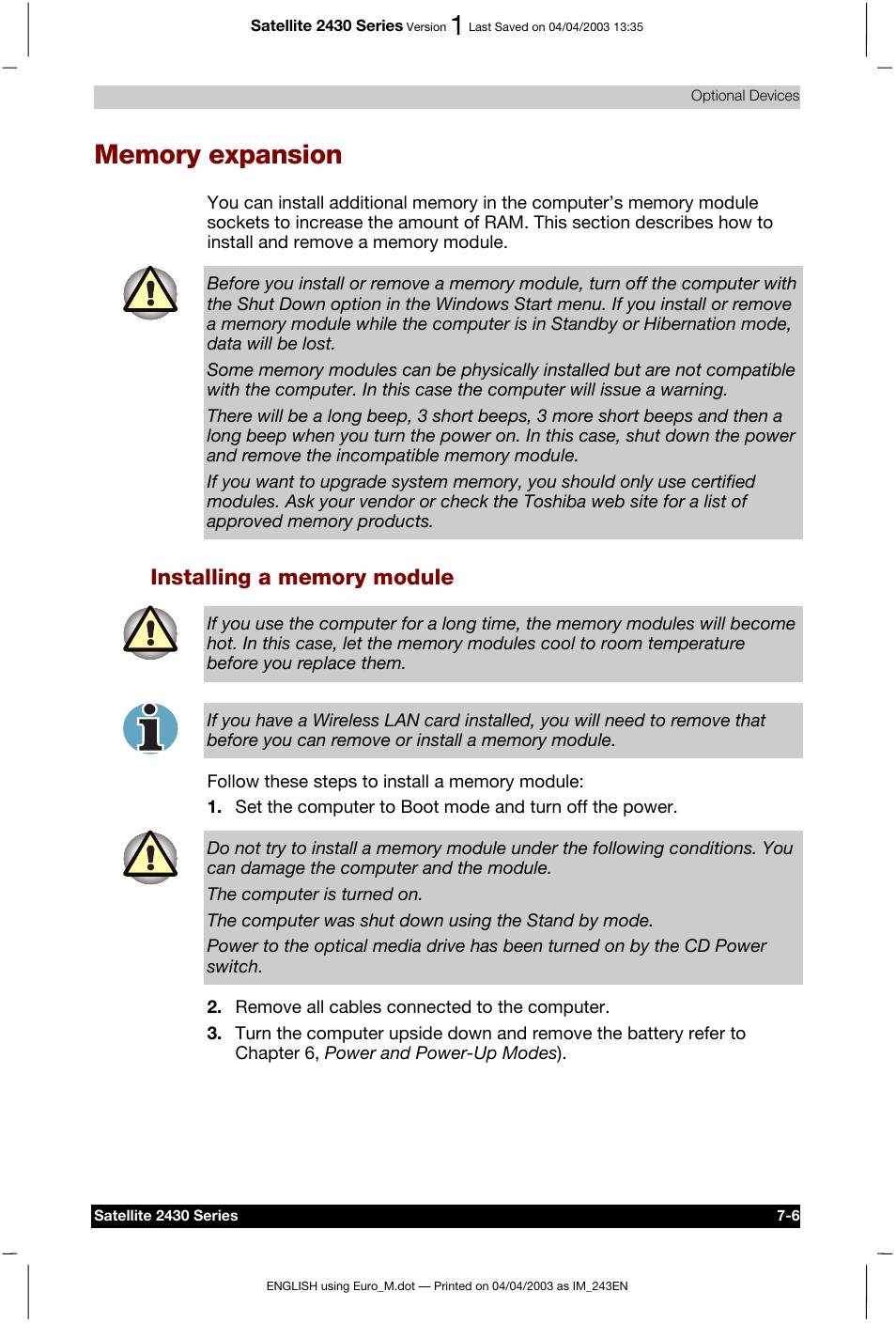 Memory expansion | Toshiba Satellite 2430-301 User Manual | Page 116 / 222