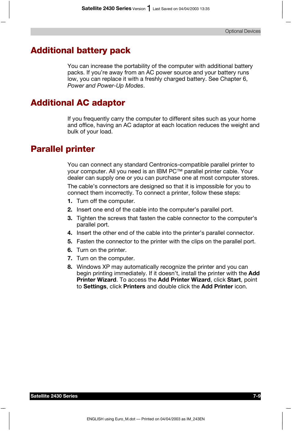 Additional battery pack, Additional ac adaptor, Parallel printer | Toshiba Satellite 2430-301 User Manual | Page 119 / 222